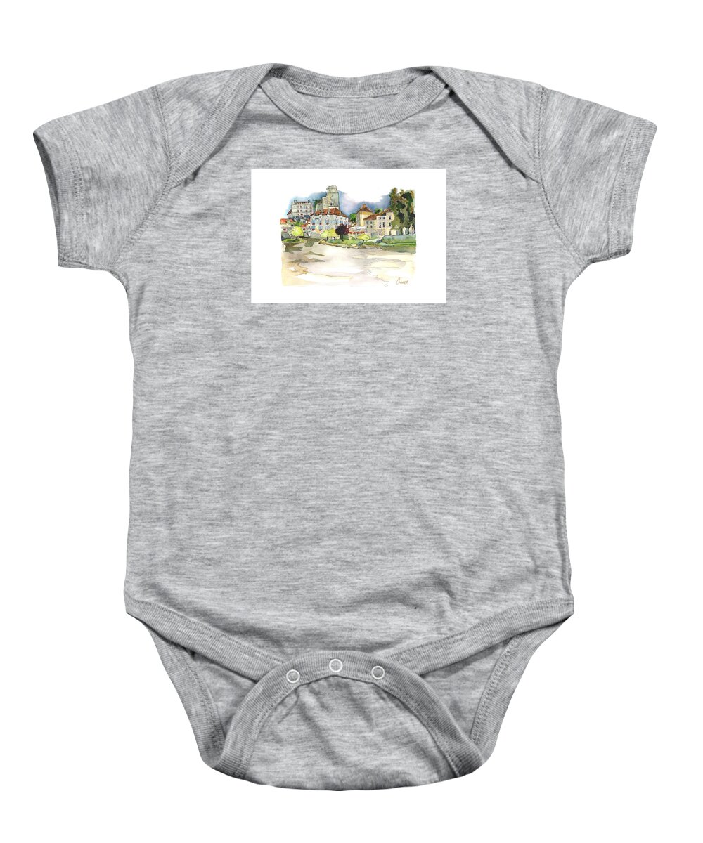 French Countryside Baby Onesie featuring the painting Bourdeilles, on the River Dronne, Dordogne by Joan Cordell