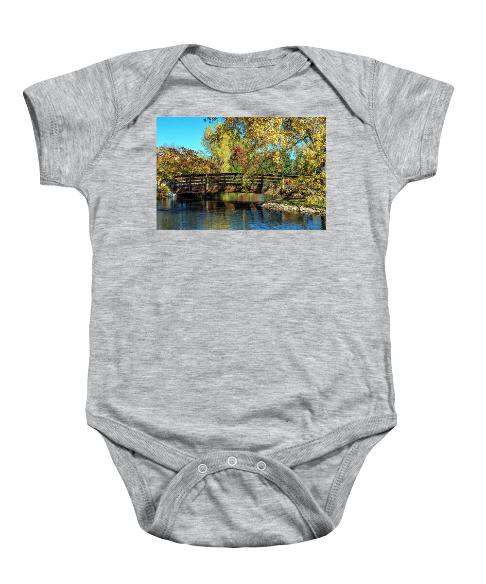 Fall Baby Onesie featuring the photograph Bridge in Fall Colors by Dawn Key