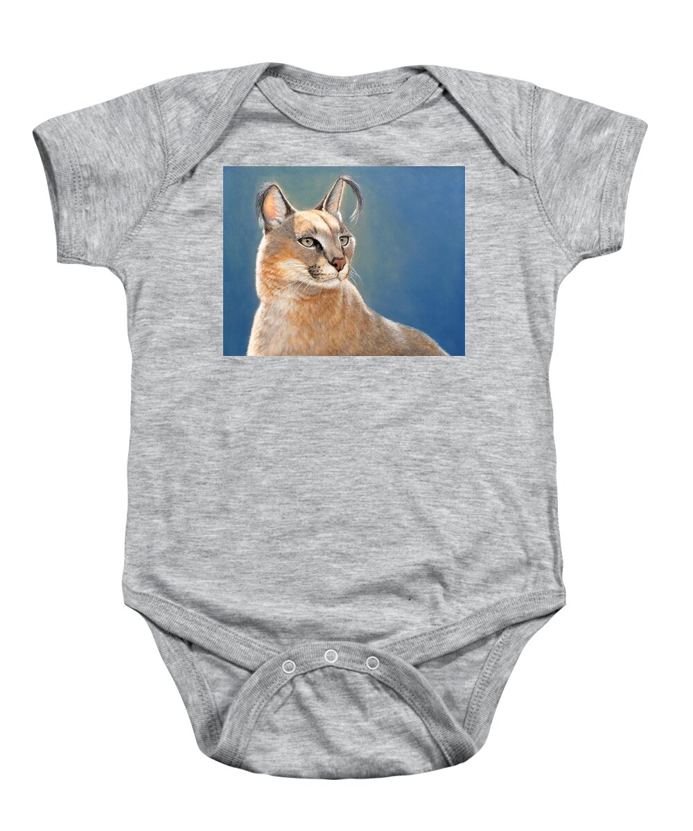Caracal Baby Onesie featuring the painting Bright Eyes - Caracal by Linda Merchant