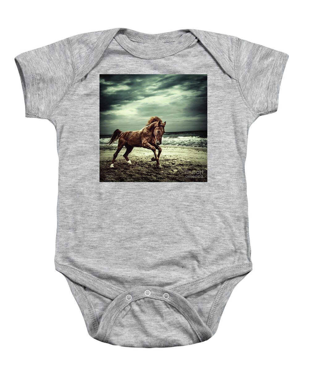 Horse Baby Onesie featuring the photograph Brown horse galloping on the coastline by Dimitar Hristov