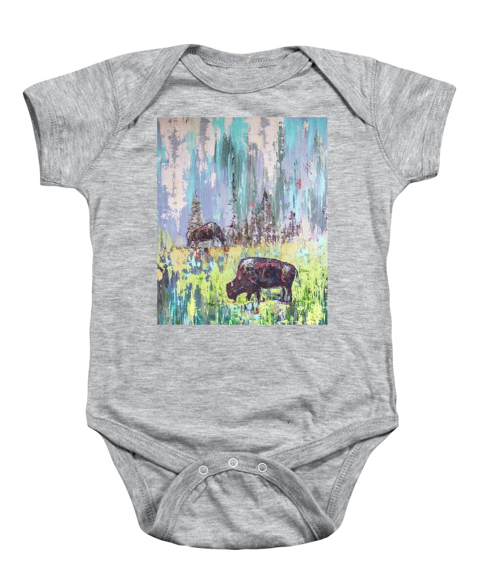 Buffalo Baby Onesie featuring the painting Buffalo Grazing by Cheryl McClure