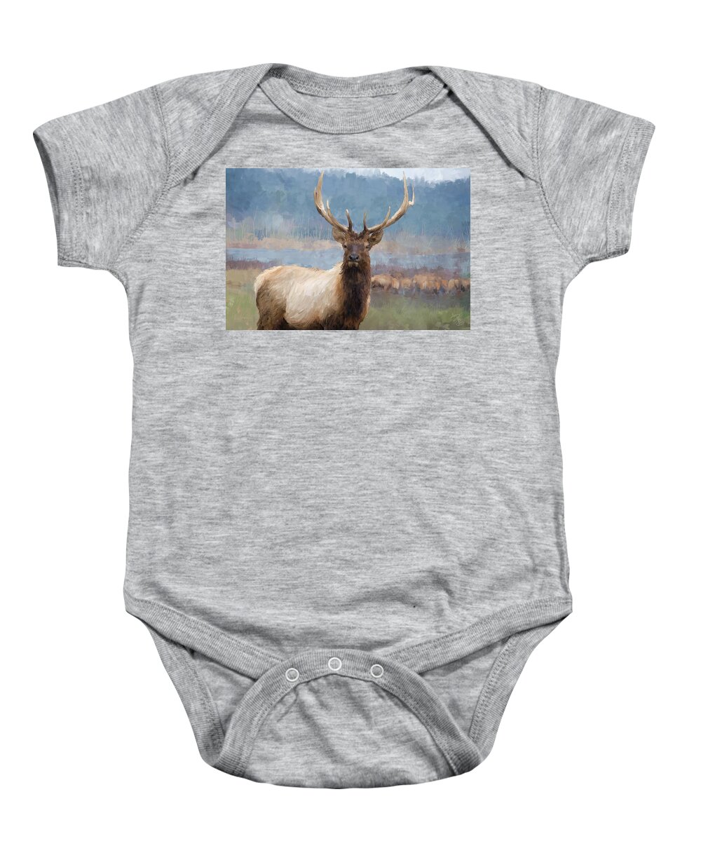 Animal Baby Onesie featuring the digital art Bull elk by the river by Debra Baldwin