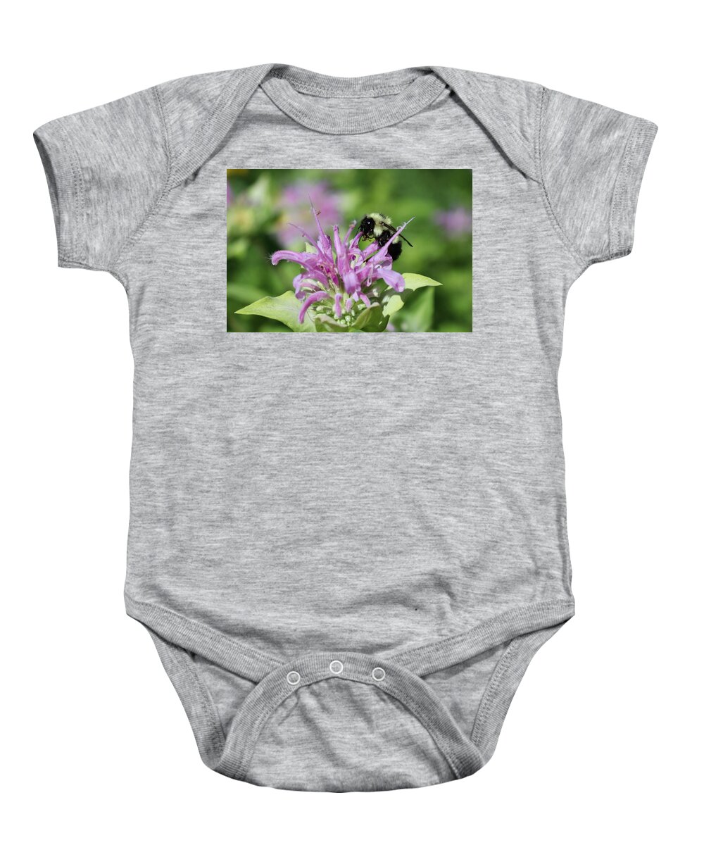 Bee Baby Onesie featuring the photograph Bumblebee on Bee Balm by Sarah Lilja