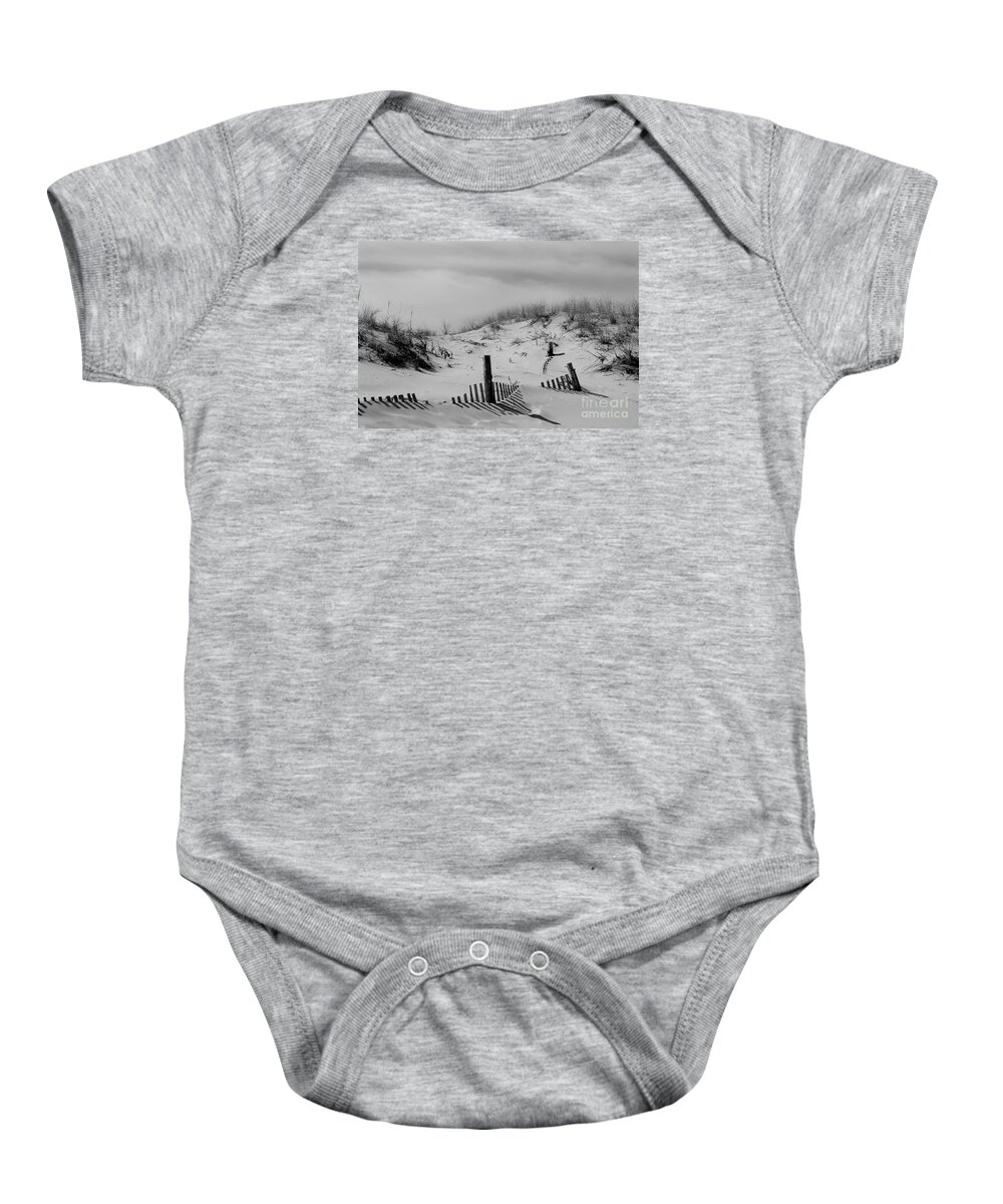 Cape Henlopen Baby Onesie featuring the photograph Buried Fences Black and White Coastal Landscape Photo by PIPA Fine Art - Simply Solid