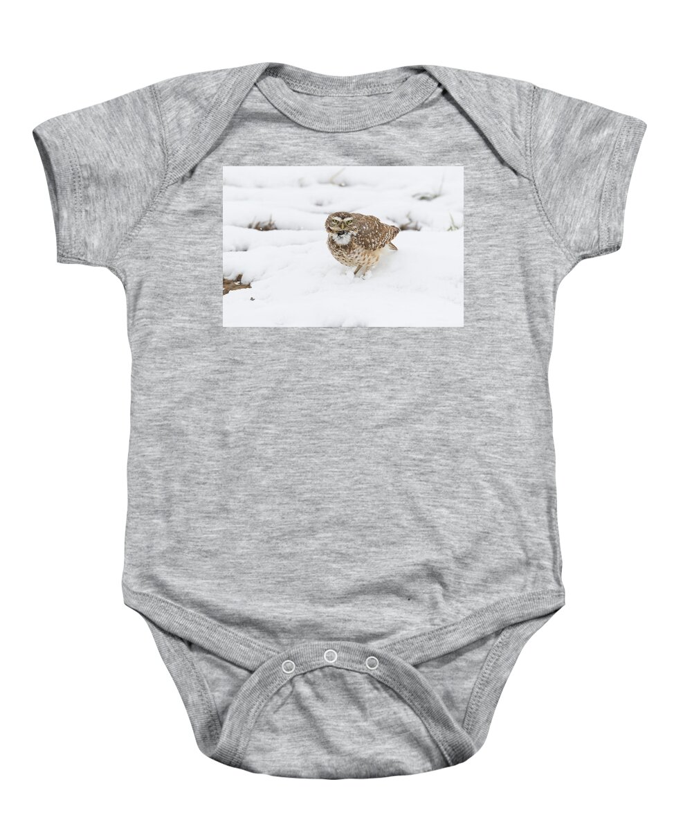 Owl Baby Onesie featuring the photograph Burrowing Owl Calls in the Snow by Tony Hake