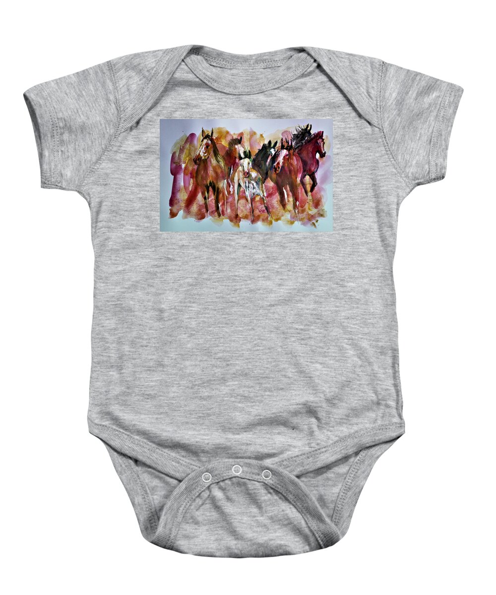 Horses Baby Onesie featuring the painting Bursting out by Khalid Saeed
