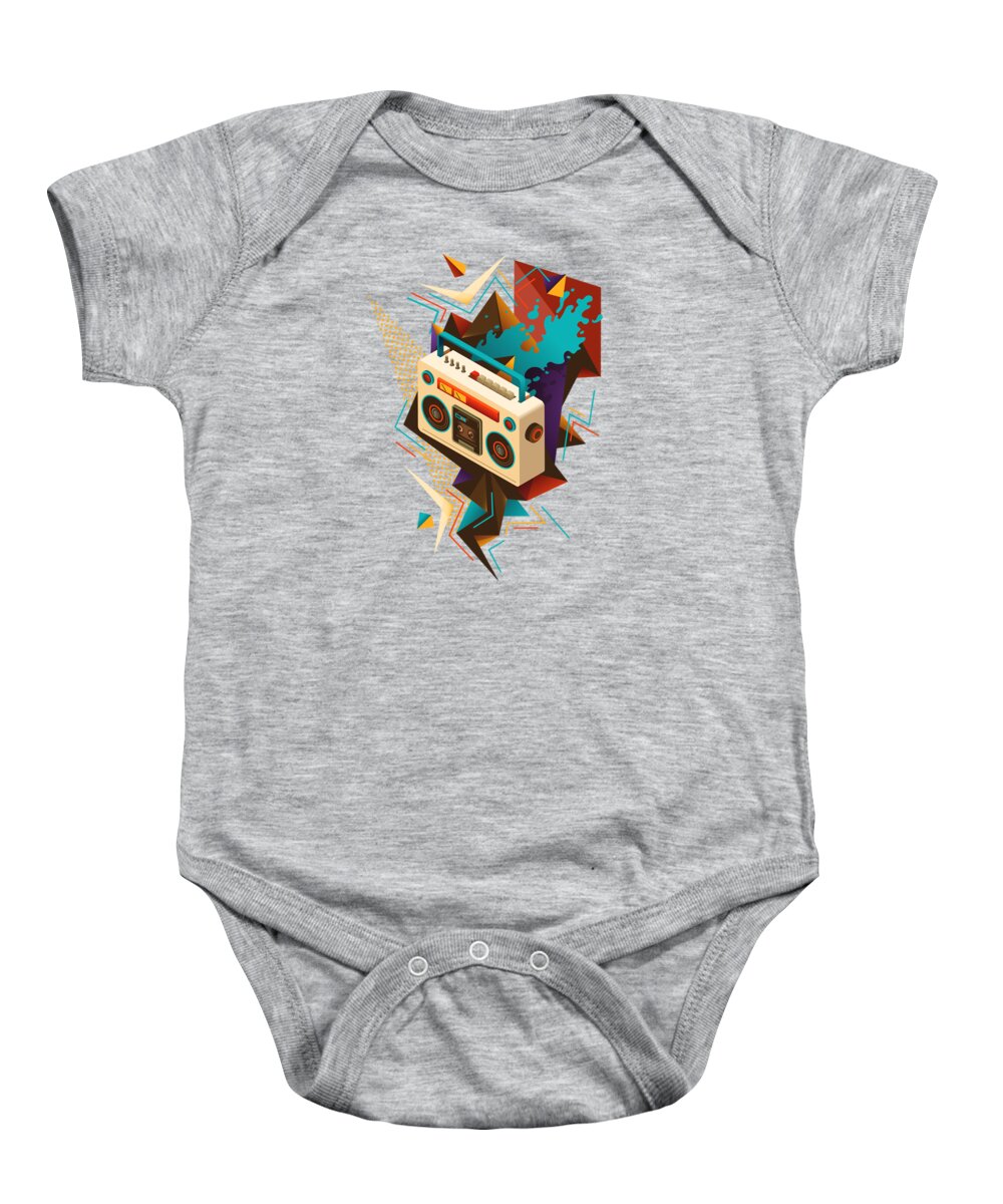 Stereo Baby Onesie featuring the painting Bust Out The Jams Retro 80s Boombox Splash by Little Bunny Sunshine