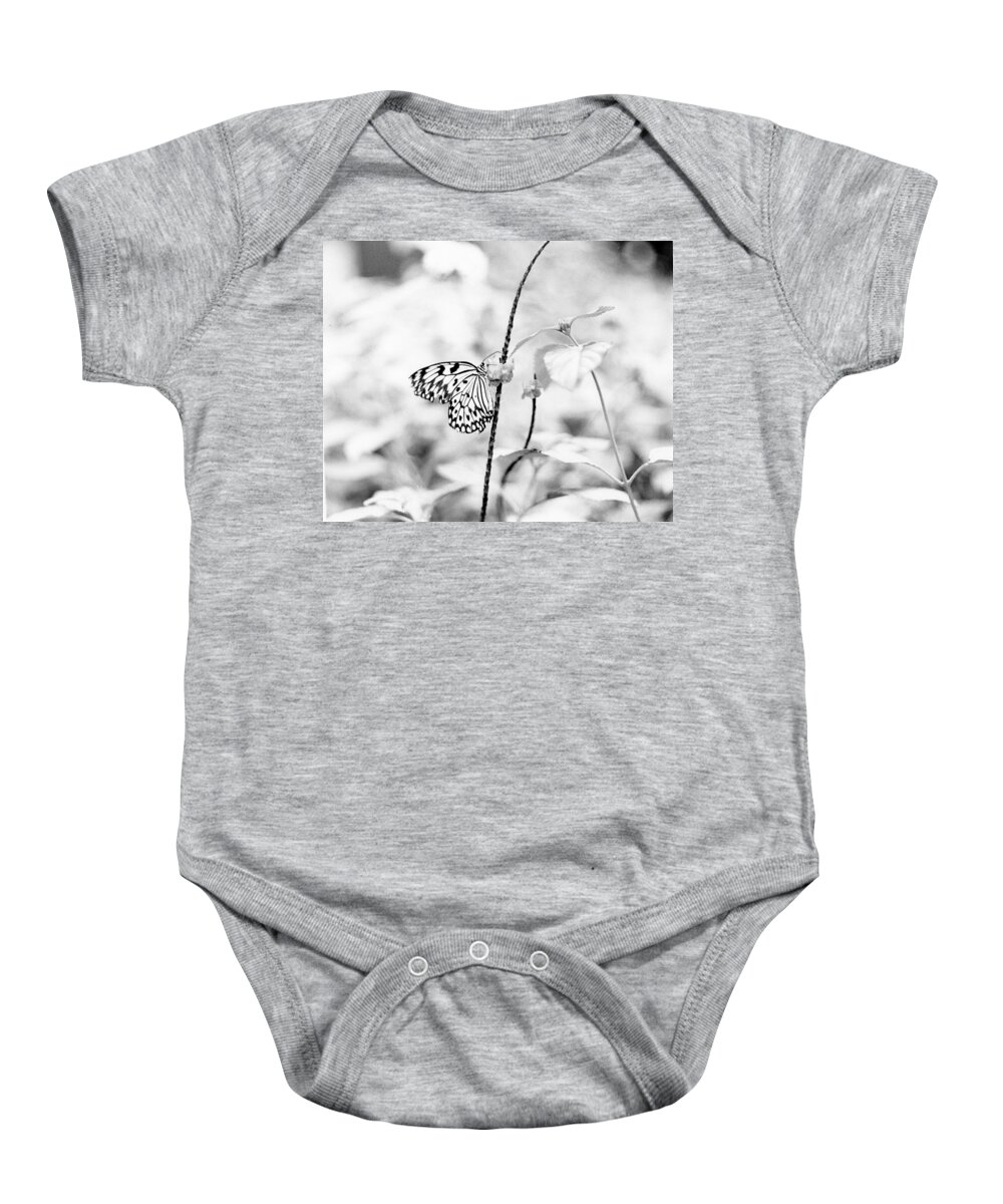 Butterfly Baby Onesie featuring the pyrography Butterfly Eatting by Joseph Caban