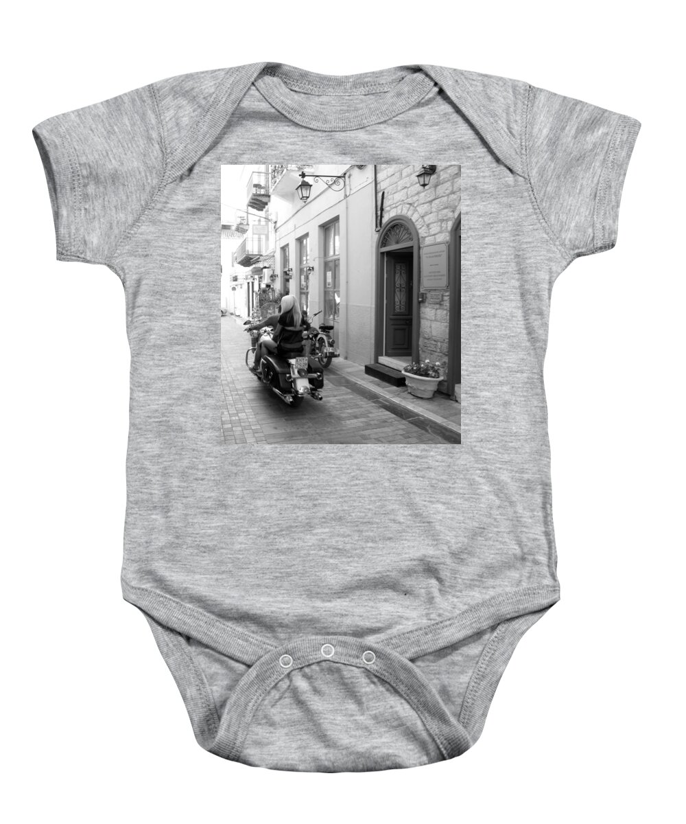 Motorcycle Baby Onesie featuring the photograph BW Girl Riding on Motorcycle with Handsome Bike Rider Speed Stone Paved Street Nafplion Greece by John Shiron