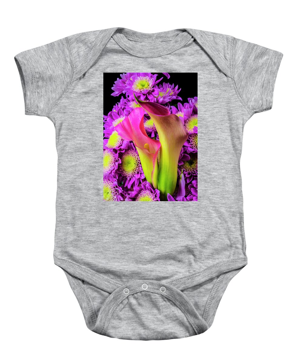 Purple Baby Onesie featuring the photograph Calla Lillies And Poms by Garry Gay