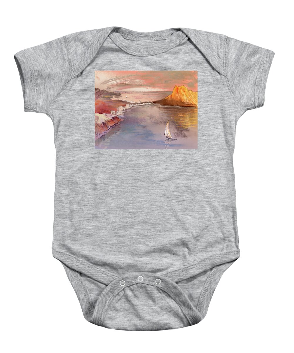 Spain Baby Onesie featuring the painting Calpe at Sunset by Miki De Goodaboom