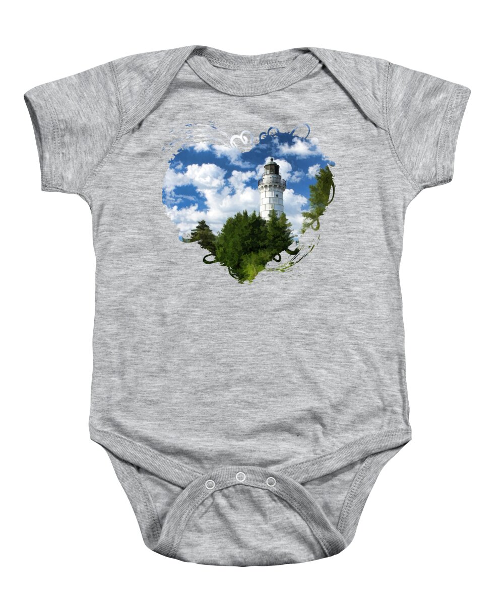 Cana Island Lighthouse Baby Onesie featuring the painting Cana Island Lighthouse Cloudscape in Door County by Christopher Arndt