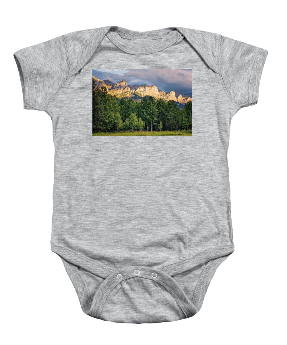 Joan Carroll Baby Onesie featuring the photograph Canadian Rockies in Canmore Alberta by Joan Carroll