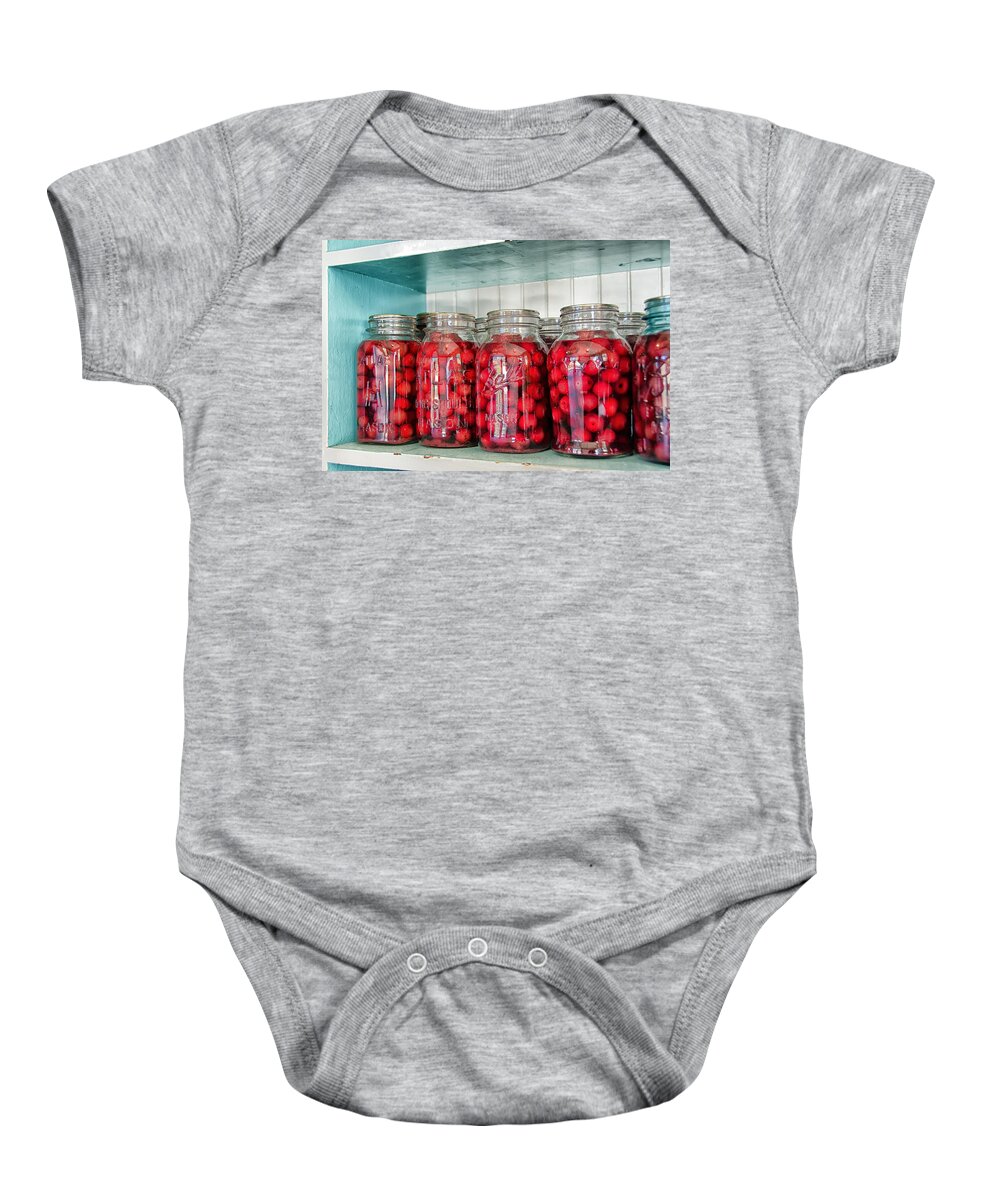 Bottled Baby Onesie featuring the photograph Canning cherries by Debra Baldwin