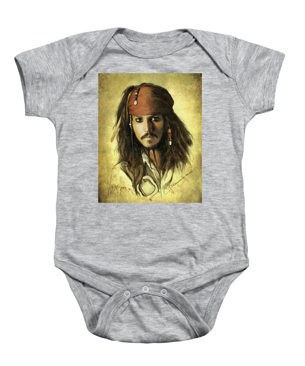 Face Baby Onesie featuring the drawing Captain Jack Sparrow by Jaroslaw Blaminsky