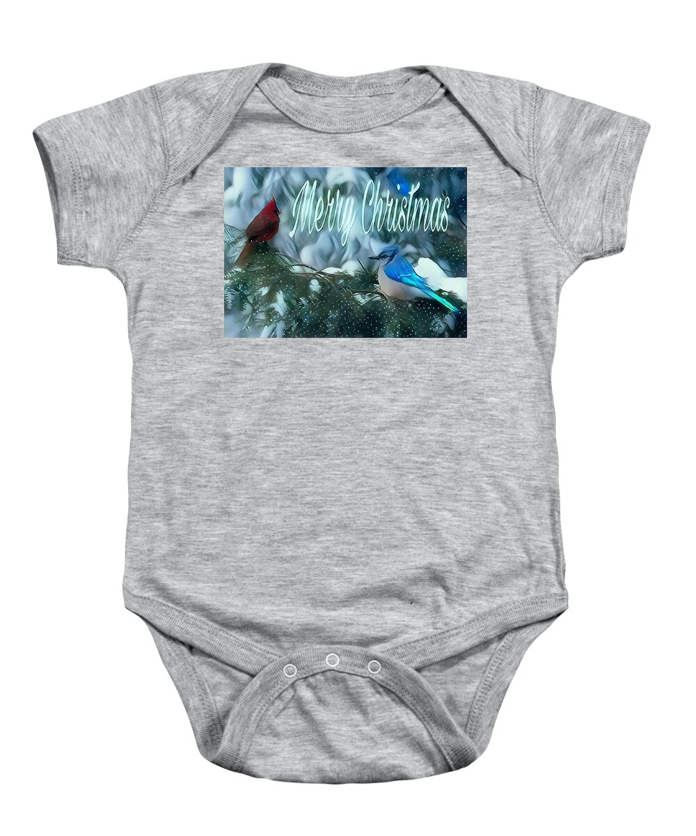 Cardinal Baby Onesie featuring the photograph Cardinal Blue Jay Christmas by Judy Genovese