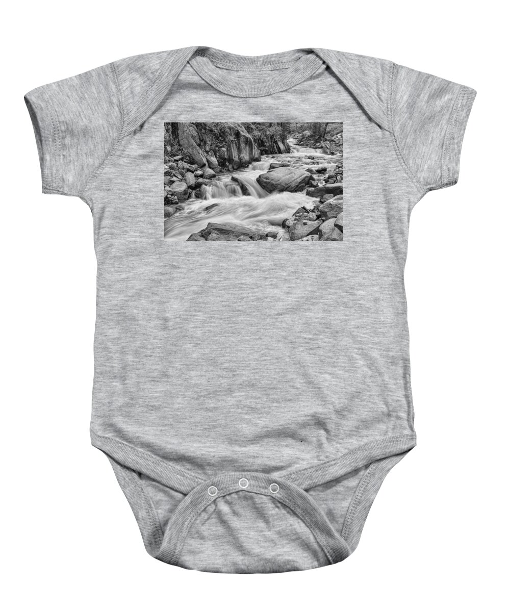 Mountain Baby Onesie featuring the photograph Cascading Colorado Rocky Mountain Stream BW by James BO Insogna