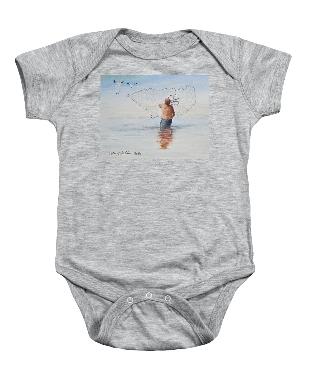  Baby Onesie featuring the painting Cast Net Fishing by Bobby Walters