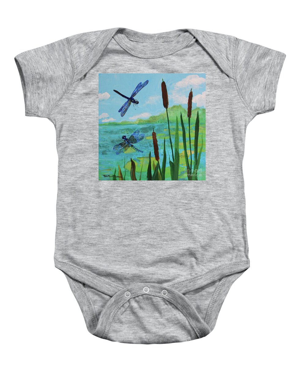 Cattails And Dragonflies By Robin Maria Pedrero Art Baby Onesie featuring the painting Cattails and Dragonflies by Robin Pedrero