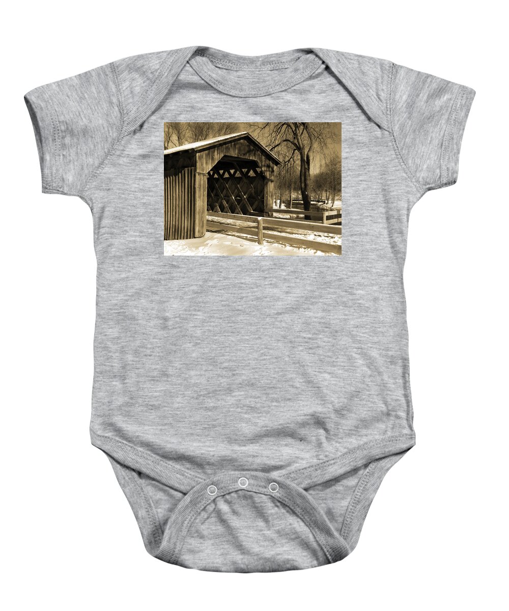 Covered Bridge Baby Onesie featuring the photograph Cedarburg Covered Bridge in Winter Sepia by David T Wilkinson