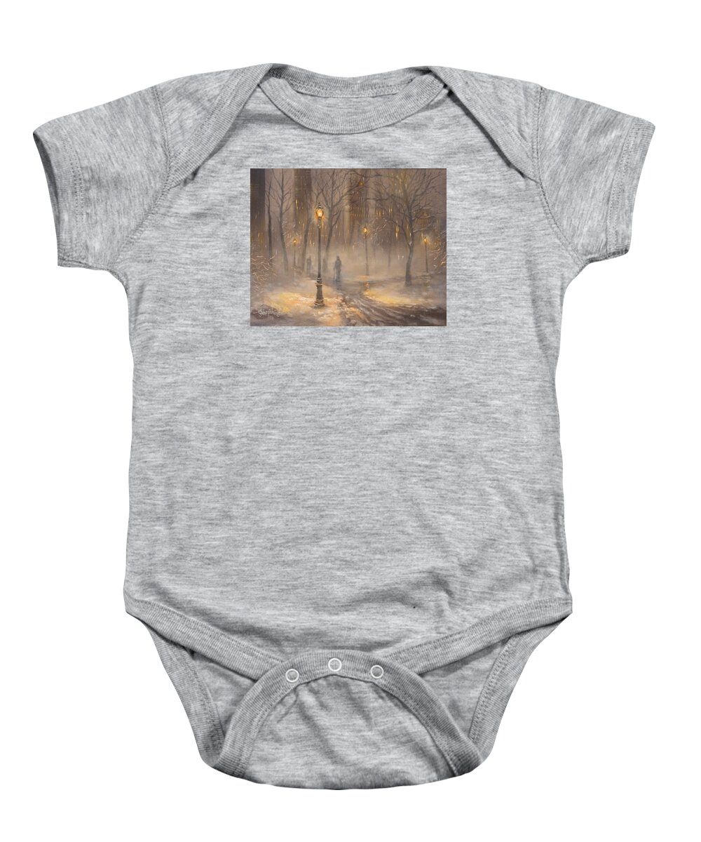 New York Baby Onesie featuring the painting Central Park After Dark by Tom Shropshire