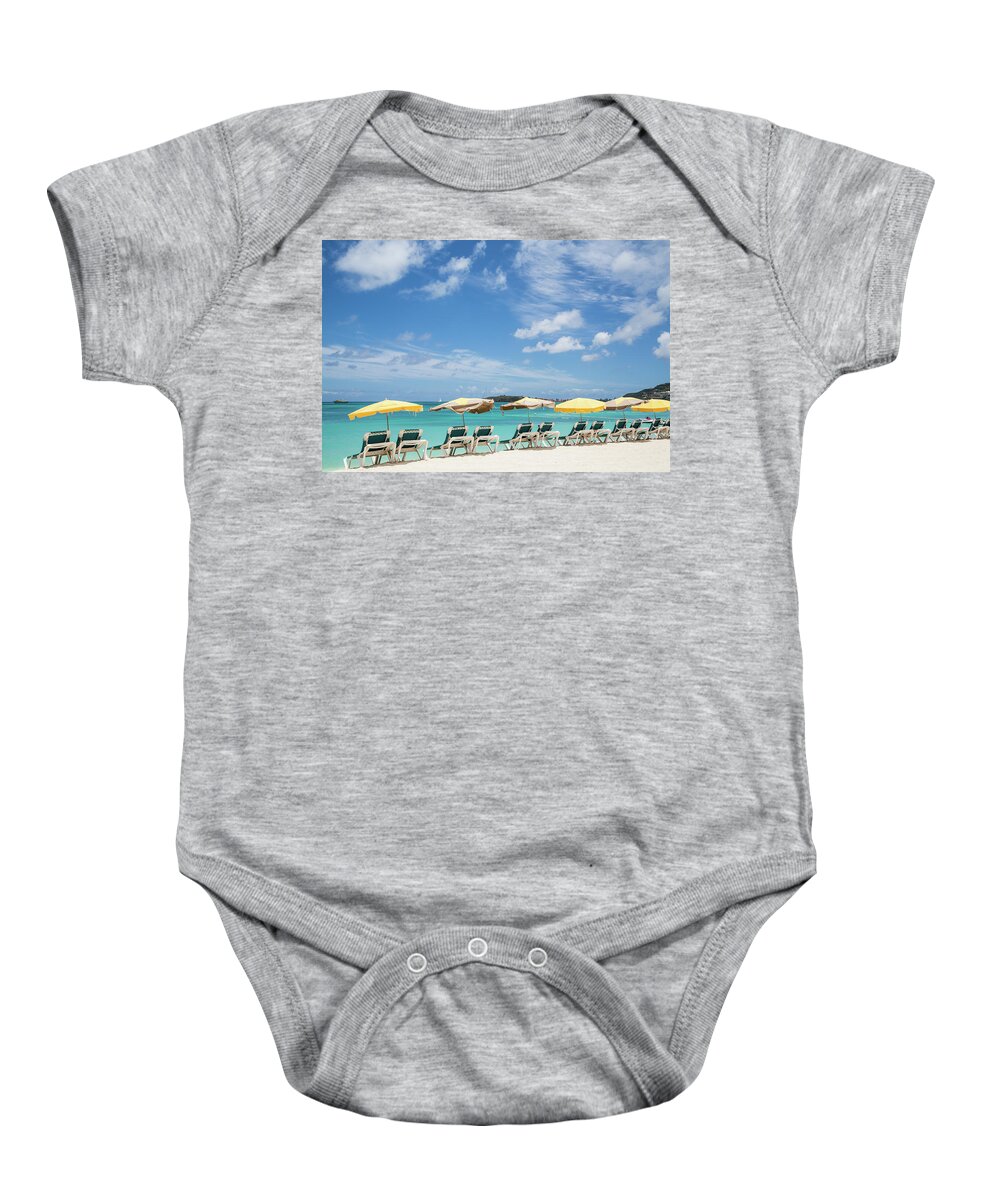 Beach Baby Onesie featuring the photograph Chaise Lounges Under Umbrellas on Beach by Darryl Brooks
