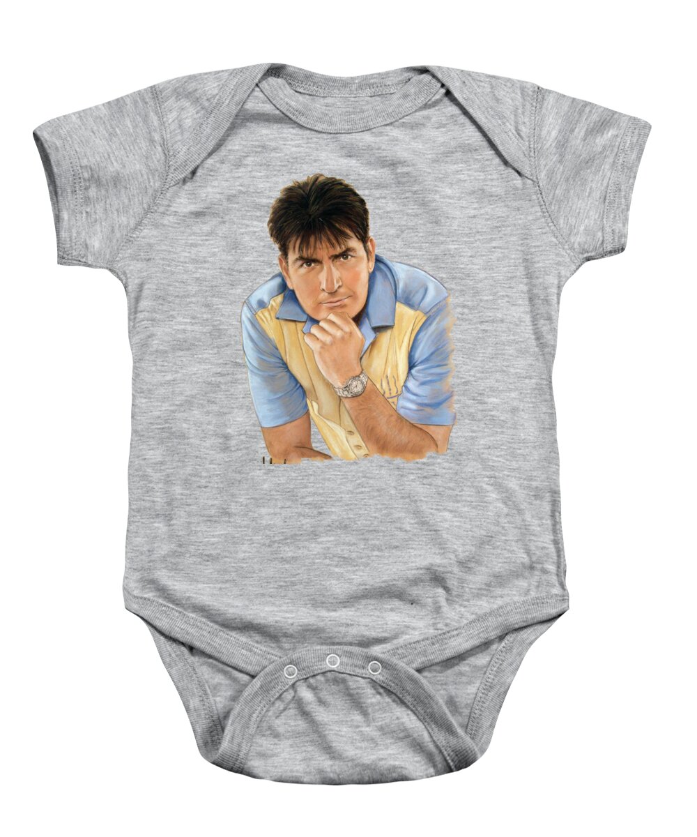 Charlie Sheen Baby Onesie featuring the drawing Charlie Sheen by Melanie D