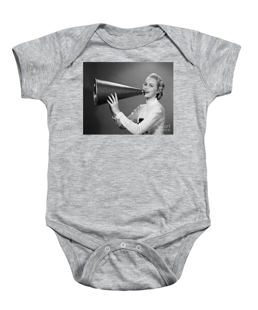 1950s Baby Onesie featuring the photograph Cheerleader With Megaphone, C.1950s by H. Armstrong Roberts/ClassicStock
