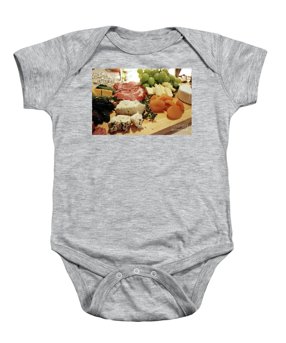 Cheese Baby Onesie featuring the photograph Cheese and Meat by Laura Kinker