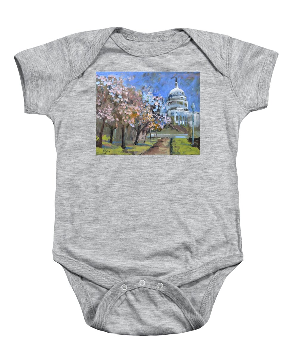 Capitol Baby Onesie featuring the painting Cherry Tree Blossoms in Washington DC by Donna Tuten