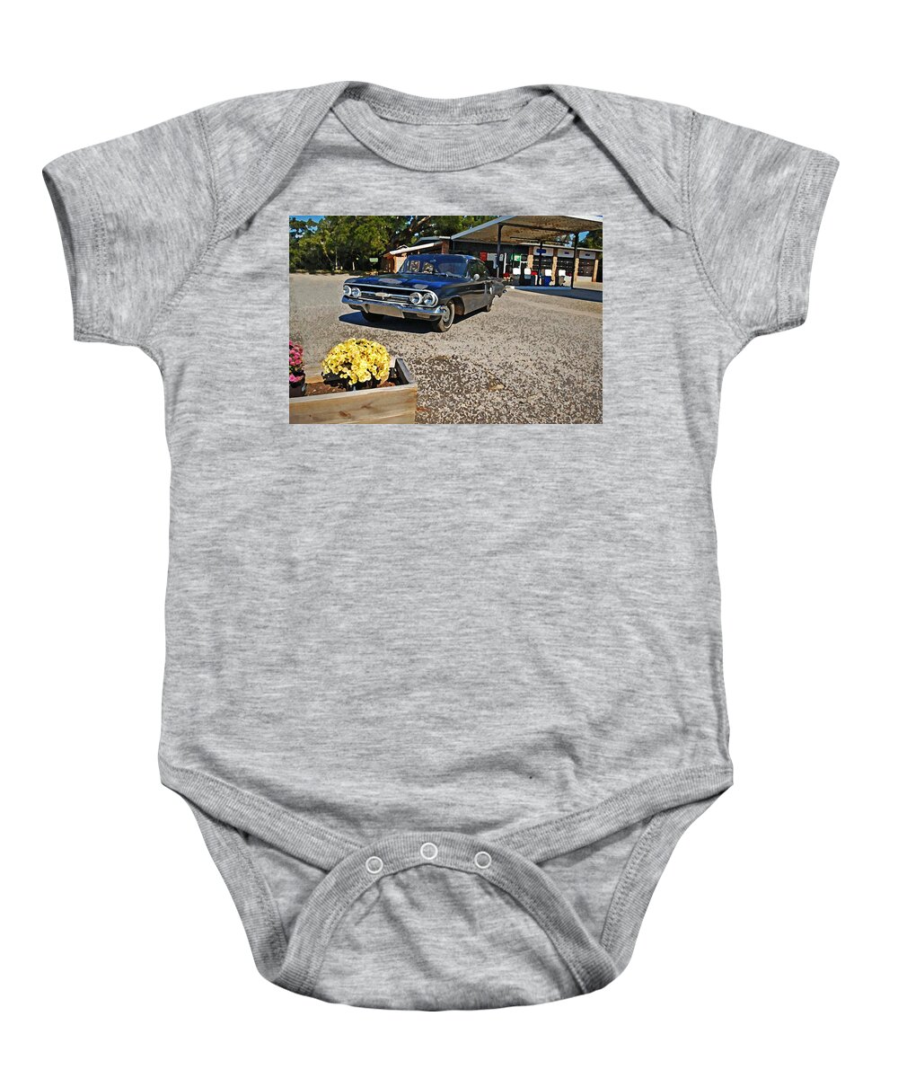 Car Baby Onesie featuring the painting Chevy Impala at the Station by Michael Thomas