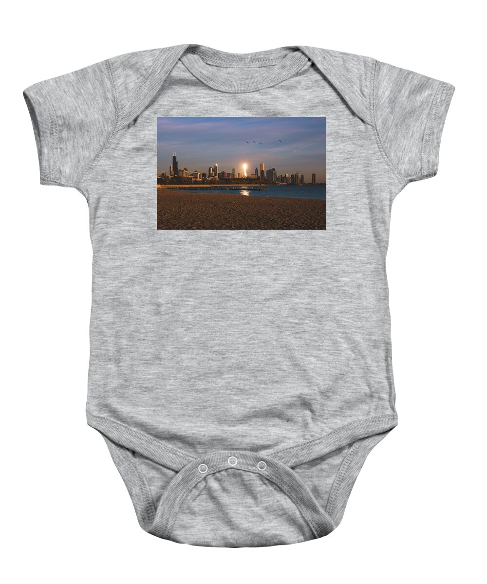 Chicago Baby Onesie featuring the photograph Chicago Skyline Morning Glow by Jay Smith