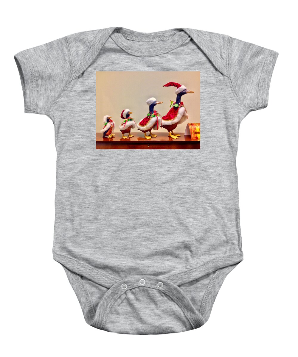 Duck Baby Onesie featuring the photograph Christmas Ducks in a Row by Lisa Pearlman