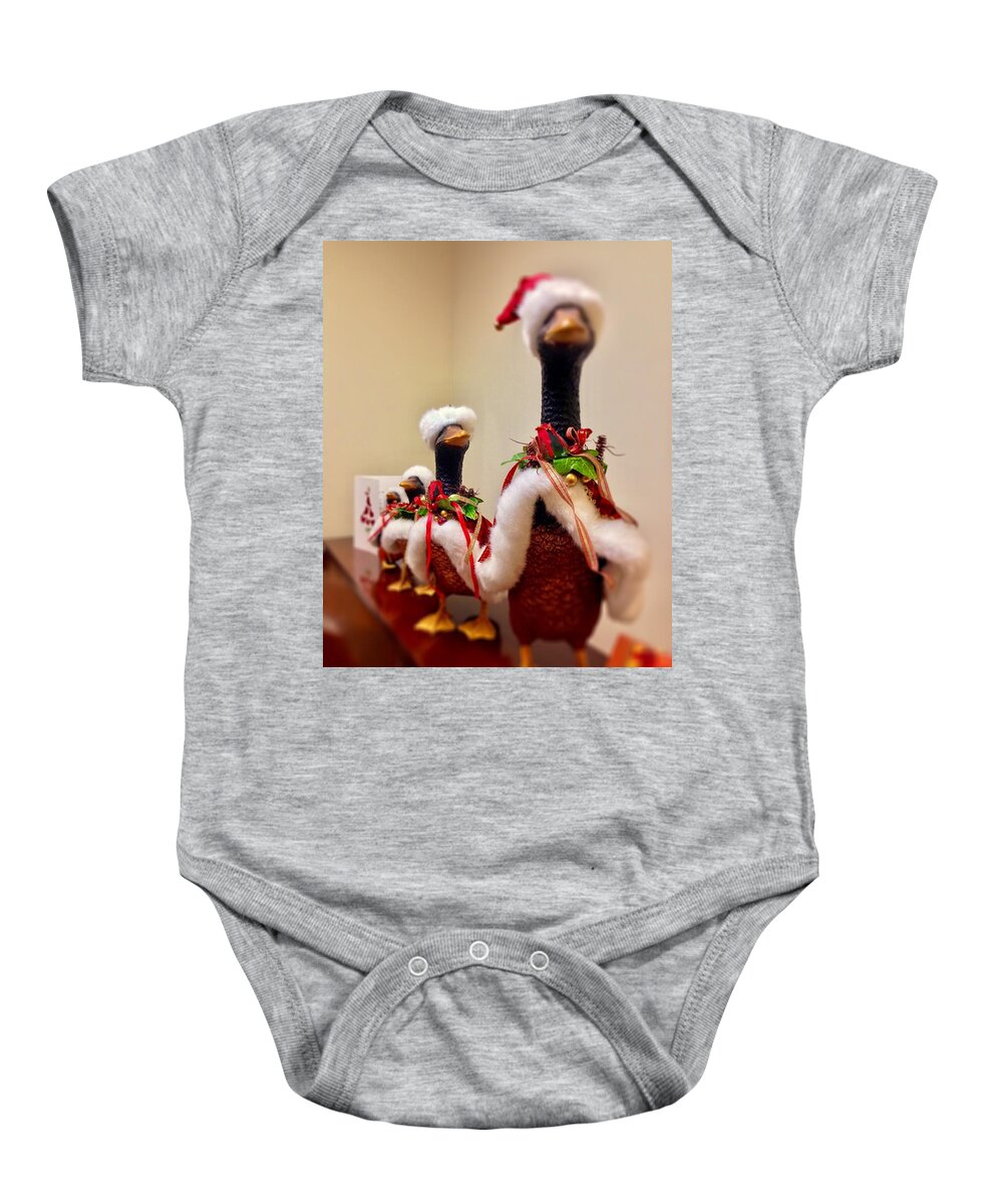 Duck Baby Onesie featuring the photograph Christmas Geese on Parade by Lisa Pearlman