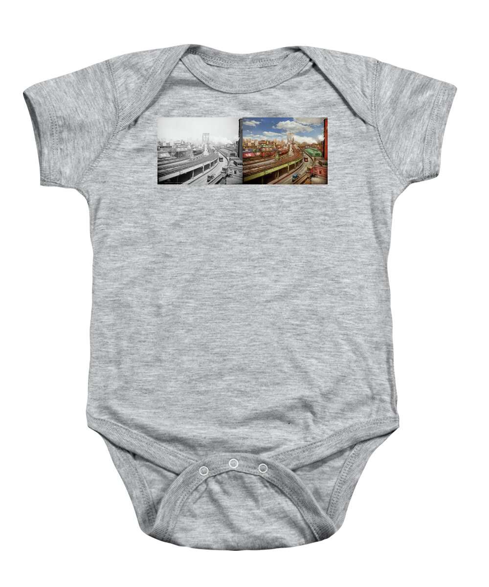Color Baby Onesie featuring the photograph City - New York - The Brooklyn bridge from 1903 - Side by Side by Mike Savad