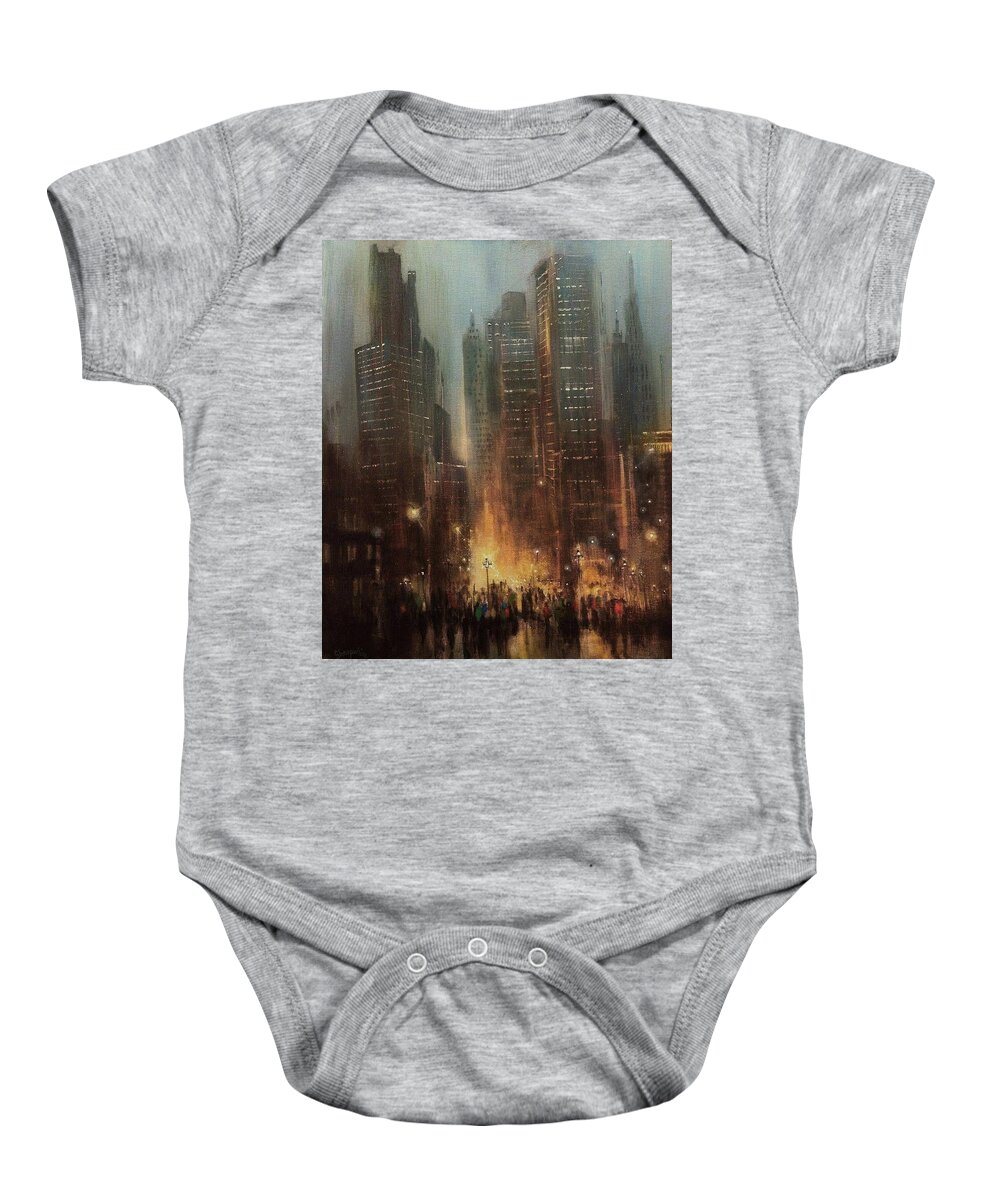 City Scene Baby Onesie featuring the painting City Rain by Tom Shropshire