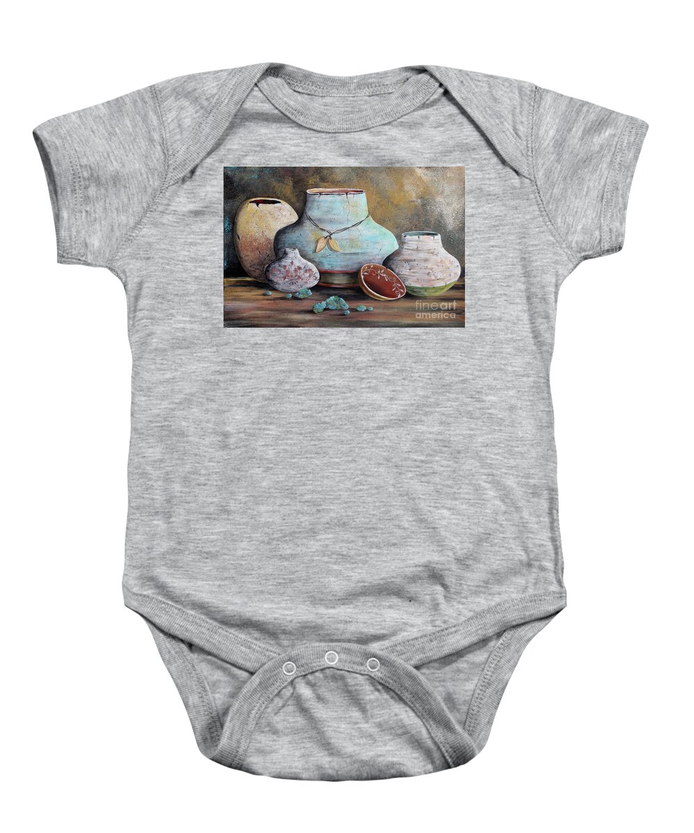 Pottery Baby Onesie featuring the painting Clay Pottery Still Lifes-B by Jean Plout