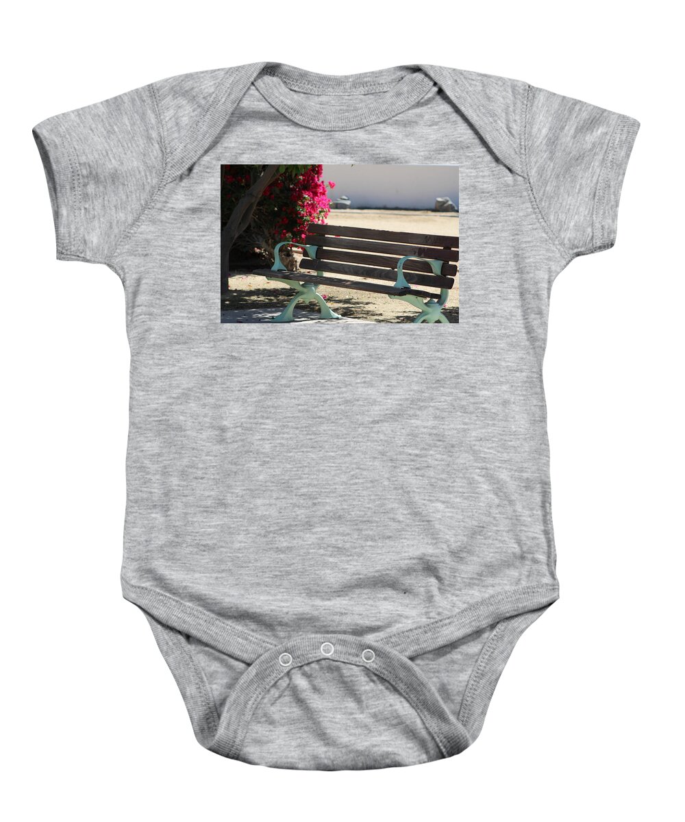 Park Bench Baby Onesie featuring the photograph Closeup of Park Bench in La Quinta by Colleen Cornelius
