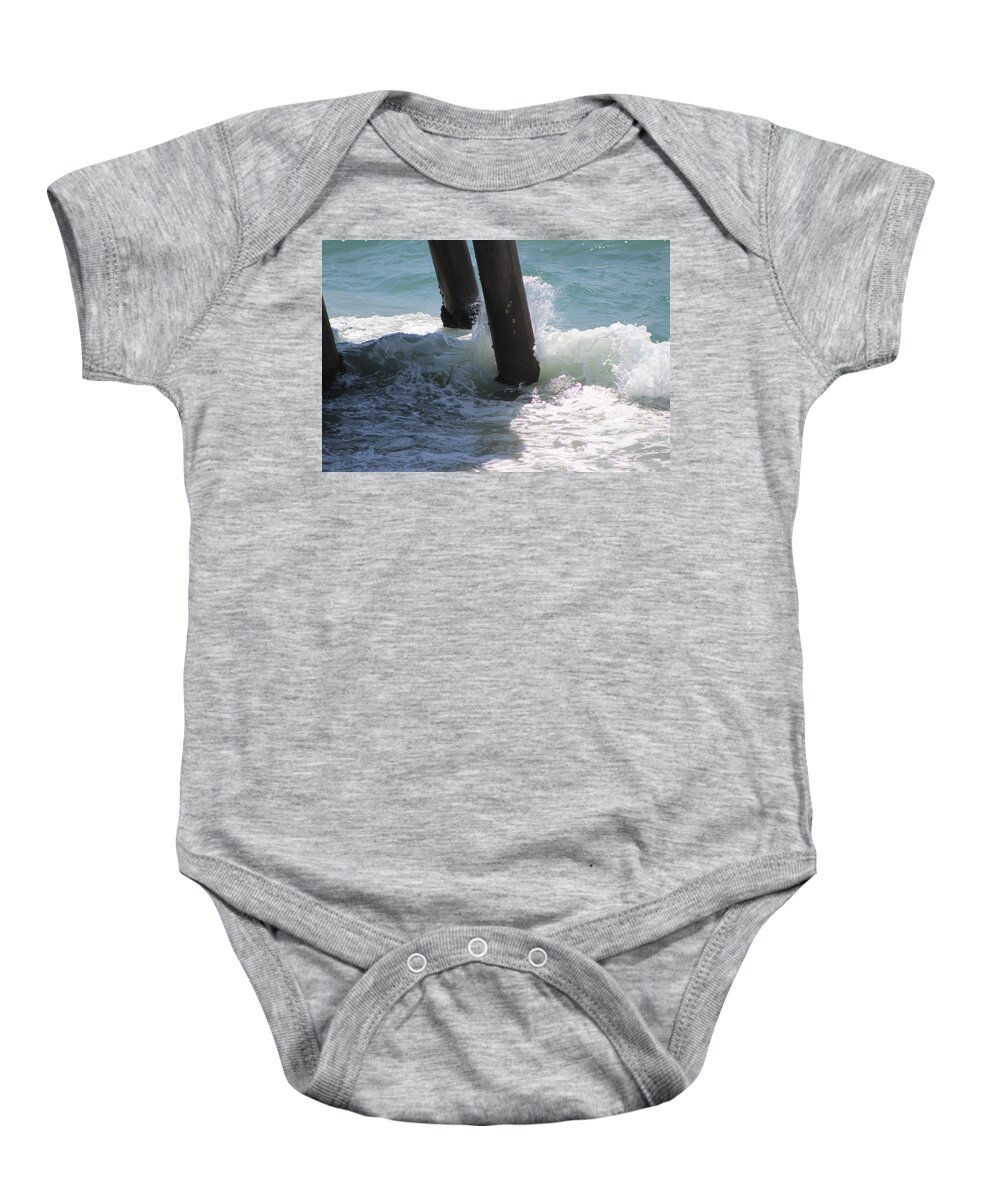 Ocean Wave Baby Onesie featuring the photograph Closeup of Wave Around Pier Support by Colleen Cornelius