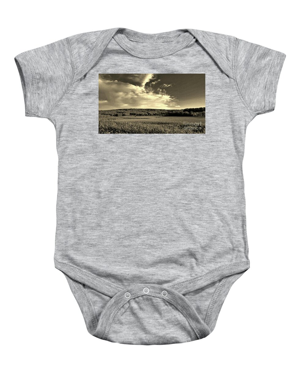 Farm Baby Onesie featuring the photograph Clouds and Cornfields by Dani McEvoy