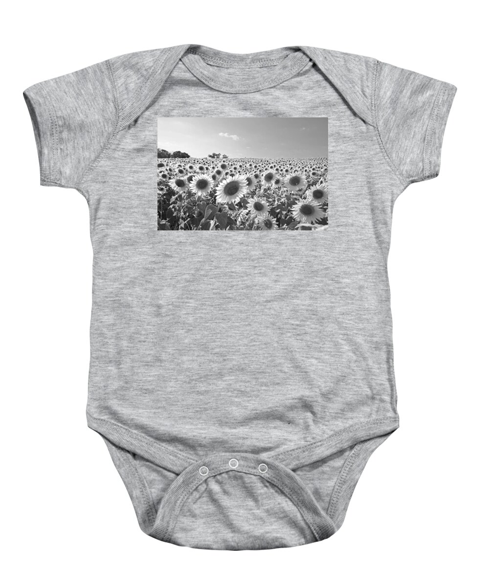 Newbury Baby Onesie featuring the photograph Colby Farms Sunflower Field Newbury MA Black and White by Toby McGuire