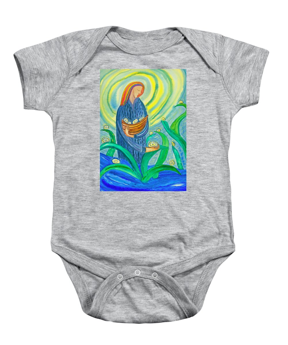 Woman Baby Onesie featuring the painting Collecting the dew by Suzy Norris