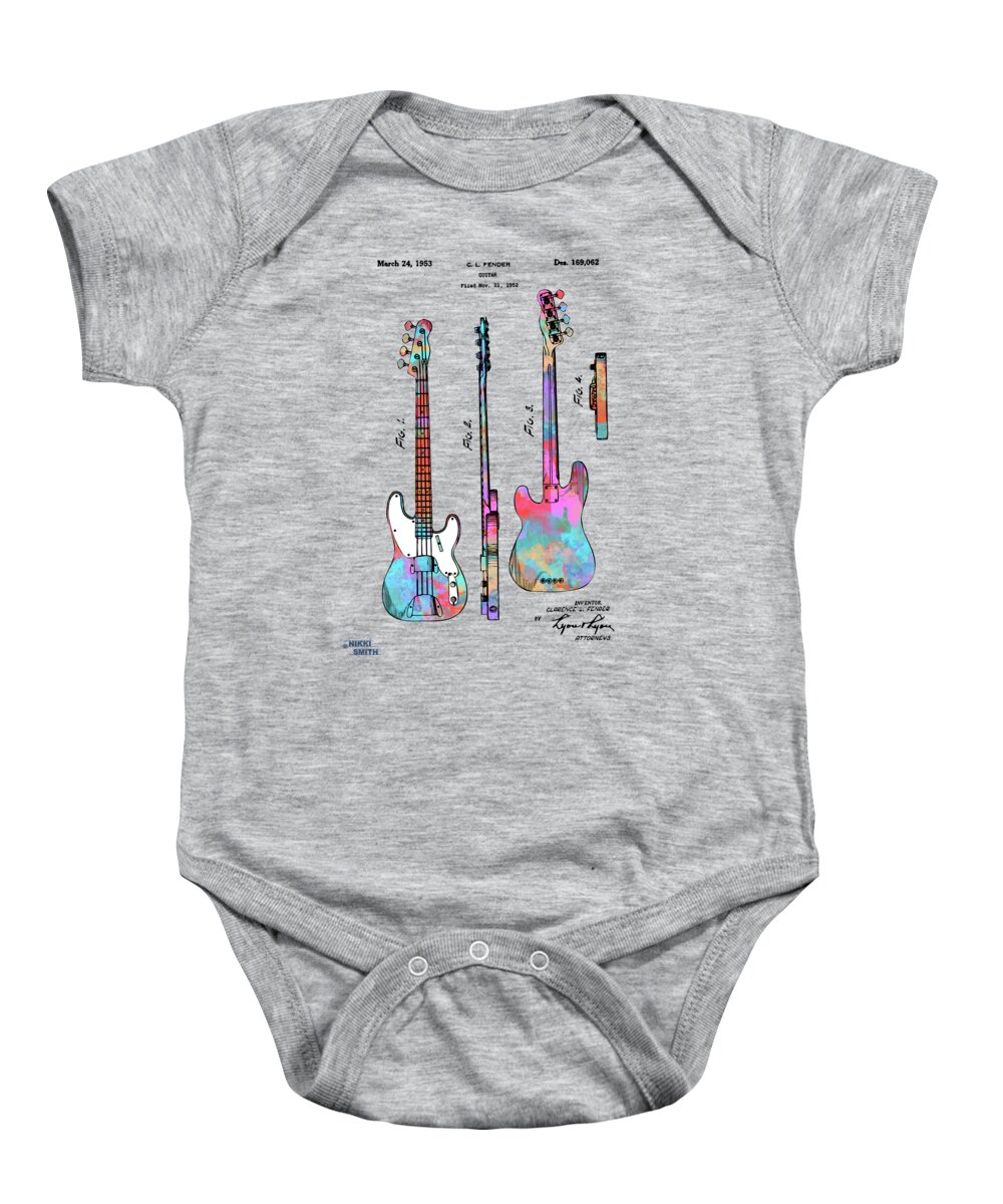 Fender Guitar Baby Onesie featuring the digital art Colorful 1953 Fender Bass Guitar Patent Artwork by Nikki Marie Smith