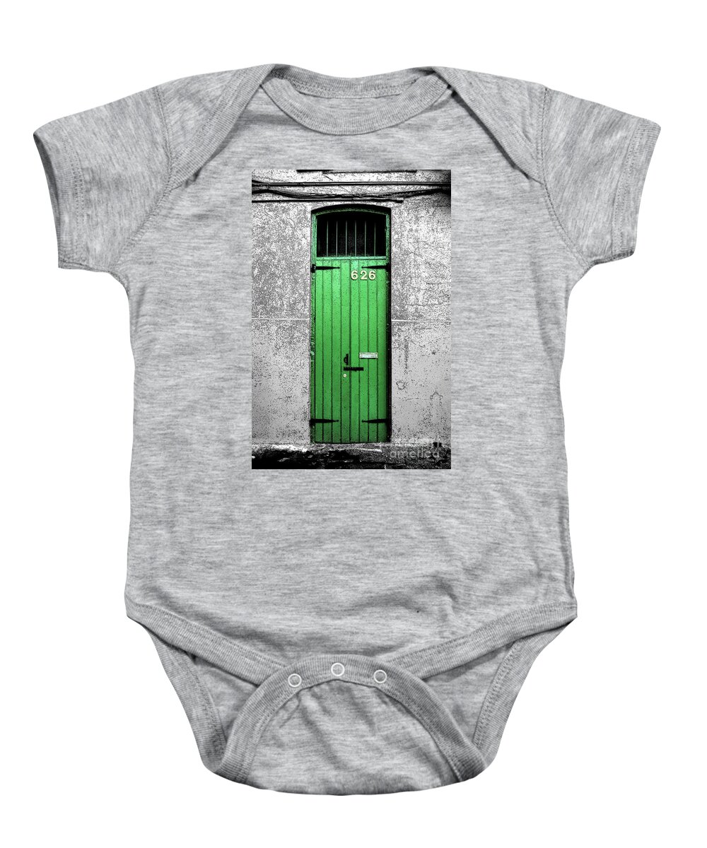 Travelpixpro Baby Onesie featuring the digital art Colorful Arched Doorway French Quarter New Orleans Color Splash Black and White with Ink Outlines by Shawn O'Brien
