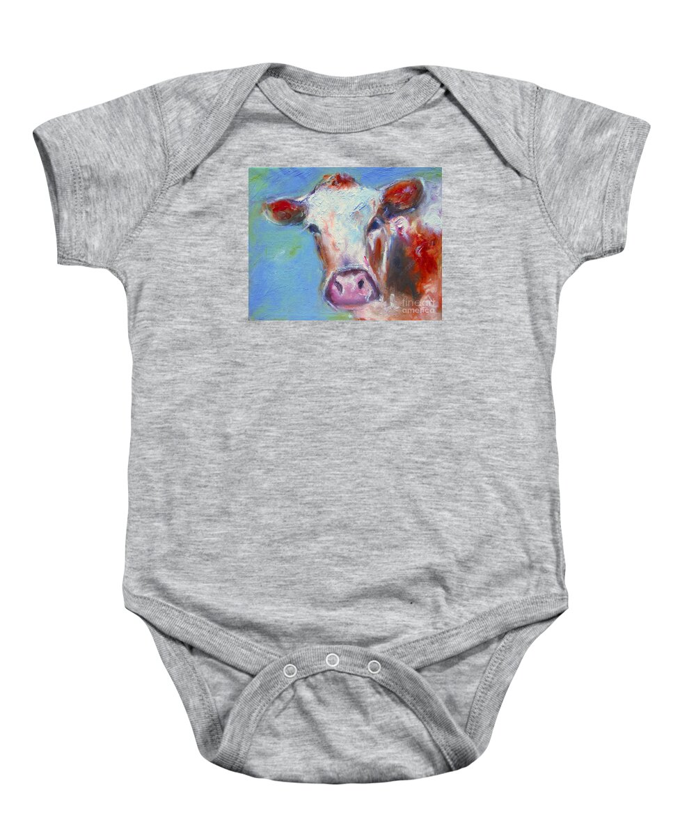 Bovineart Baby Onesie featuring the painting Colorful cow available as a signed and numbered print see www.pixi-art.com by Mary Cahalan Lee - aka PIXI