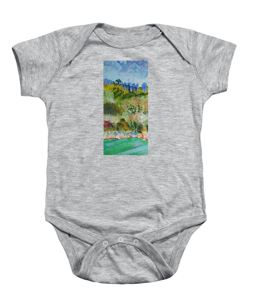 Darmouth Baby Onesie featuring the painting Colorful Forest on Cliffs near the Sea in Dartmouth Devon by Mike Jory