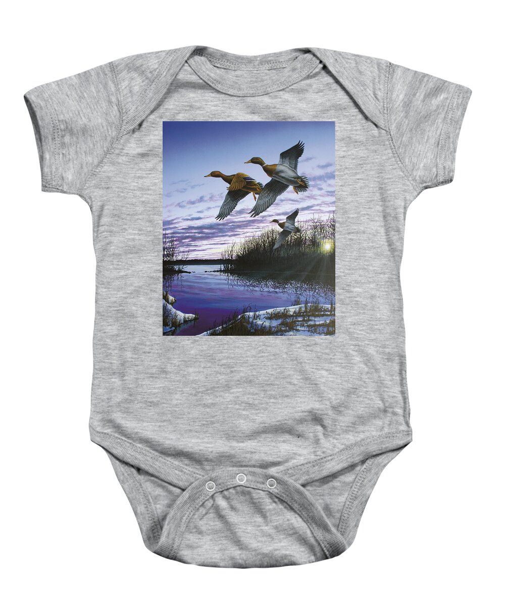Mallards Baby Onesie featuring the painting Colors of December by Anthony J Padgett