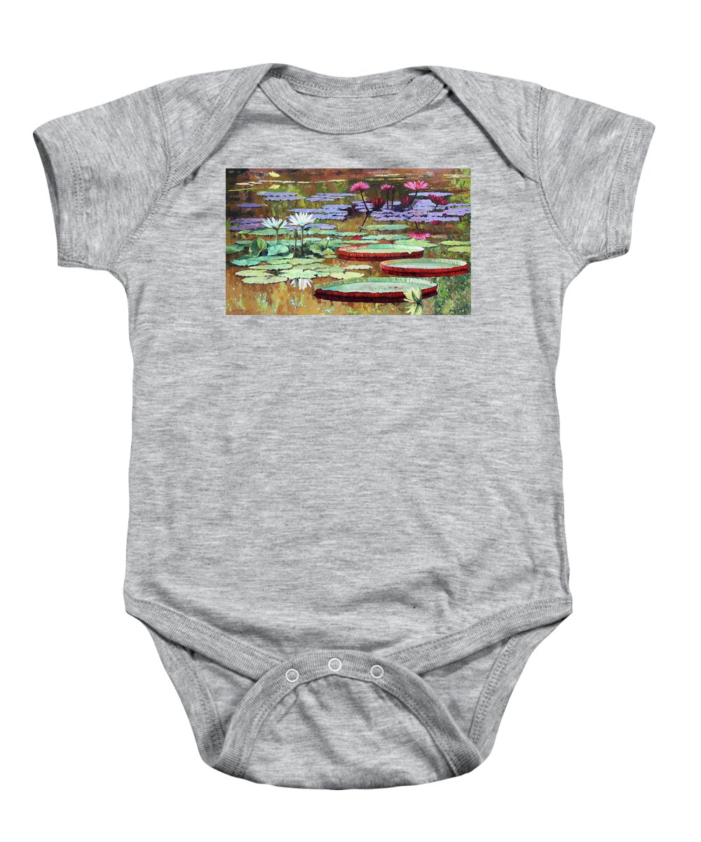 Garden Pond Baby Onesie featuring the painting Colors on the Lily Pond by John Lautermilch