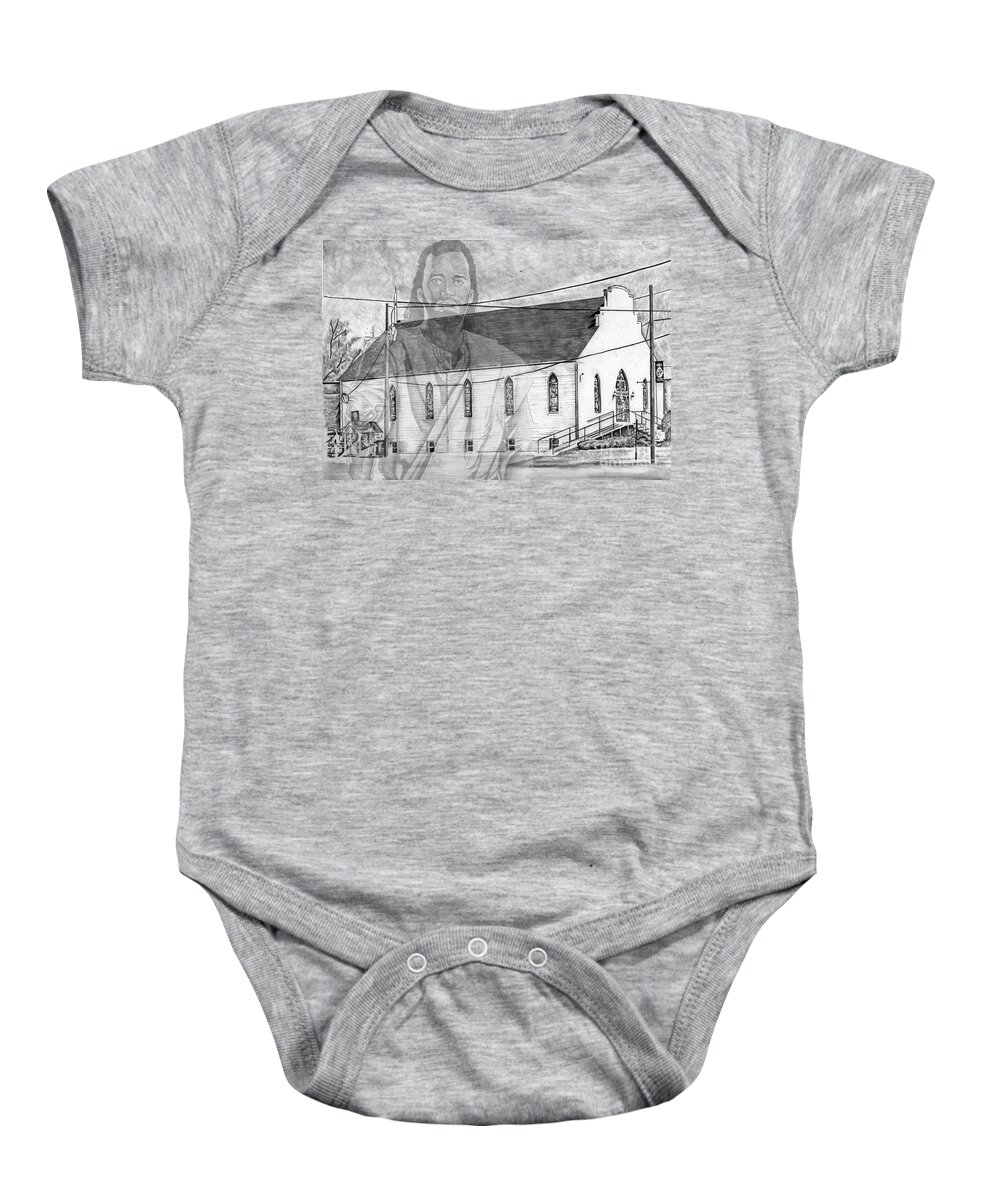 Brownsville Baby Onesie featuring the drawing Come Unto Me by Bill Richards