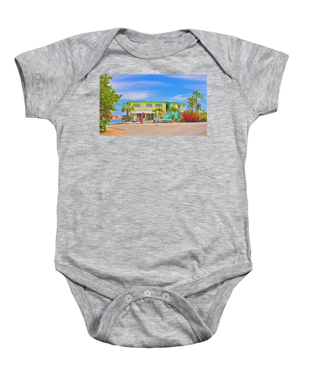Conchkey Baby Onesie featuring the photograph Conch Key Grocery Store 3 by Ginger Wakem